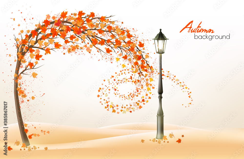 Poster Autumn background with a tree and a colorful leaves and lamppost. Vector.