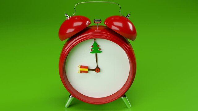 Conceptual alarm clock on the topic of Christmas. Countdown to gifts and green trees.
Gifts are falling on the back. Sale, promotions, bargains, price reductions.
Last frame can be easy loopable. Incl