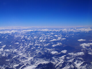 View of Ladakh's wilderness and beautiful skies from above the plane, Leh, Ladakh, Jammu and...