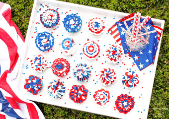 Red White Blue Festive Cupcakes in White Tray on Grass