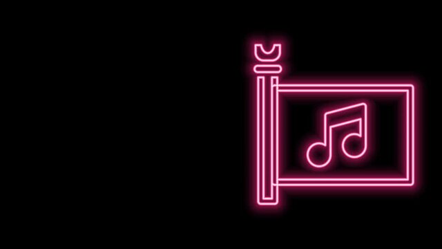 Glowing neon line Music festival, access, flag, music note icon isolated on black background. 4K Video motion graphic animation