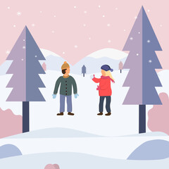 A young couple is snowball fighting in nature with idyllic winter landscapes. Relaxation and enjoying on beautiful winter day concept. Flat design vector illustration