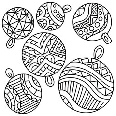 Funny christmas tree decor balls black and white stock vector illustration. Merry christmas and happy new year tree decoration coloring page for kids and adults. Ornamental half dozen tree balls decor