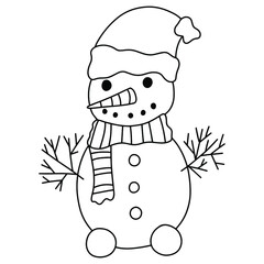 Funny snowman with hat and scarf winter coloring page stock vector illustration. Smiling simple cartoon snowman black outline white isolated. Winter holidays children printable coloring page for fun
