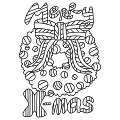 Merry Christmas door wreath coloring page stock vector illustration. Simple pine wreath with big bow, decor balls and greeting - Merry X-mas. Winter holidays simple coloring page for kids and adults.