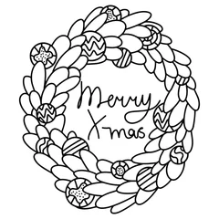 Foto op Canvas Merry Christmas decor wreath coloring page for kids and adults stock vector illustration. Winter holidays monochrome contour wreath with decor balls. Black outline Xmas mood chaplet white isolated © Anastasia Rybalka