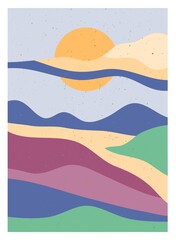 Obraz premium Mid century modern minimalist art print. Abstract contemporary aesthetic backgrounds landscapes set with Sun, Moon, sea, mountains. vector illustrations