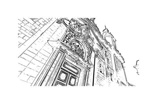 recommend clip art: Building view with landmark of Bilbao, an industrial port city in northern Spain. Hand drawn sketch illustration in vector.