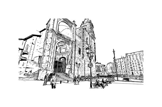 recommend clip art: Building view with landmark of Bilbao, an industrial port city in northern Spain. Hand drawn sketch illustration in vector.
