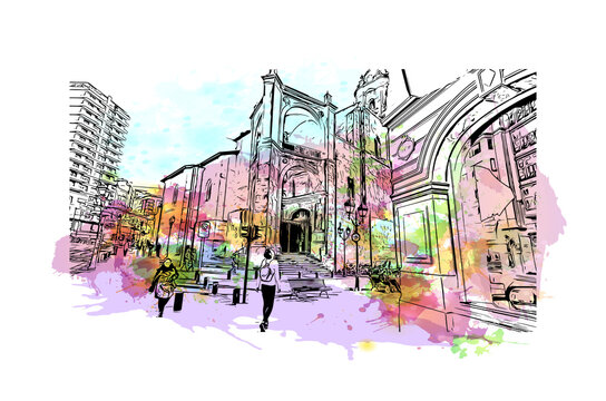 watercolor city scene with people walking clip art preview