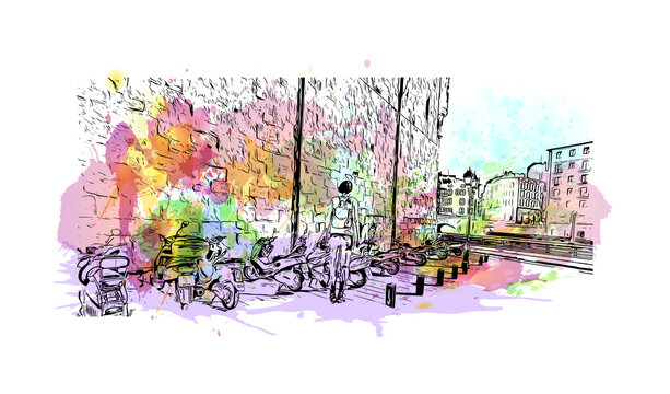 recommend clip art: Building view with landmark of Bilbao, an industrial port city in northern Spain. Watercolor splash with hand drawn sketch illustration in vector.