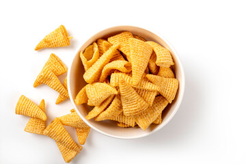 Top view Corn snack in bowl isolated on white background.