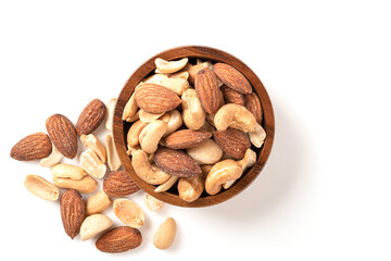  Top view Mixed of nut in wooden bowl isolated on white background.