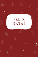 Merry Christmas - Christmas card with the Portuguese text on a festive, red pattern background