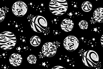 Planets seamless pattern black and white. Doodle solar system, dark background. Astronomical observatory. Mercury venus earth mars jupiter saturn neptun. Astronomy galaxy space. Vector illustration © neliakott