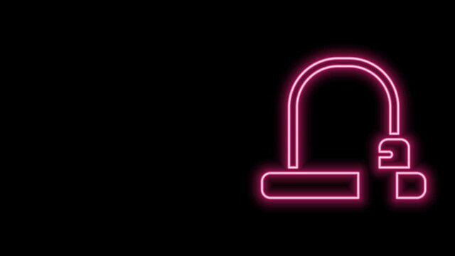 Glowing neon line Bicycle lock U shaped industrial icon isolated on black background. 4K Video motion graphic animation