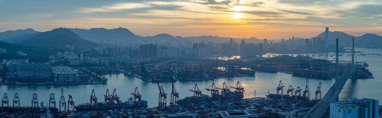 Stonecutters Bridge & Container port from Tsing Yi at Sunrise, Hong Kong