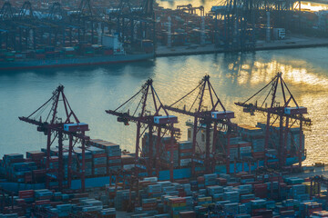 Container port from Tsing Yi at Sunrise, Hong Kong