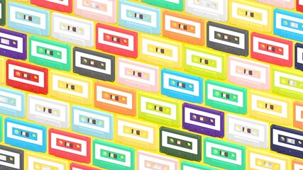 Colorful cassette tapes on yellow background.3d illustration for background.