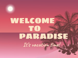 Tropical landscape with sea, moon, beach, palm trees and tropical plants.