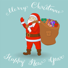 Cartoon Santa Claus with a bag of gifts. Happy New Year, Merry Christmas. Vector illustration.