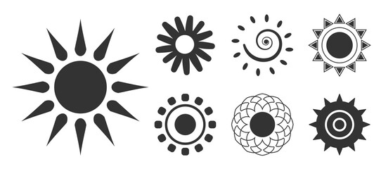 Black sun icons set. Simple glyph silhouette sign warm summer morning. Pictogram with ray , graphic symbol weather. Logo design template for meteorology web app. Isolated on white vector illustration