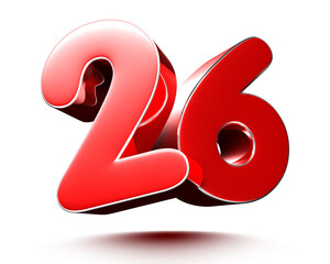 Red numbers 26 on white background illustration 3D rendering.(with Clipping Path).