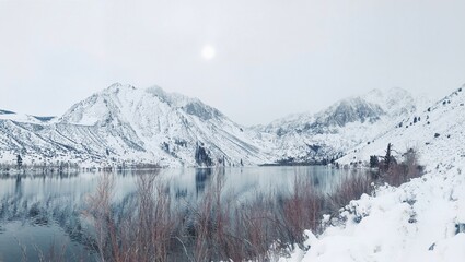 Quiet, snowy, winter day by the lake. Convict Lake, California.