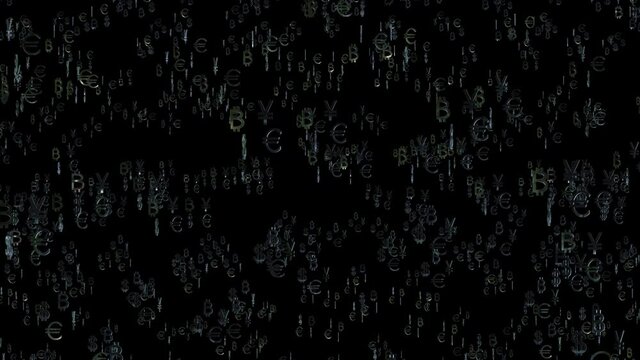 Abstract motion background of shining symbols of world currencies. Dollar, euro, yen, bitcoin