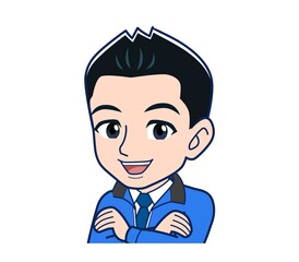 Male clerk in a blue outerwear