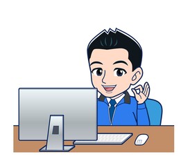 Male clerk in a blue outerwear