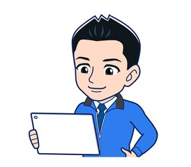 Male clerk in a blue outerwear