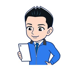 Male clerk in a blue outerwear