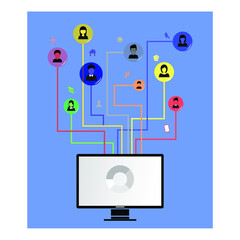 computer and people icons inside colorful circle, technology, infographic
