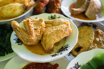 a portrait of chicken curry food on a plate in a traditional food dish