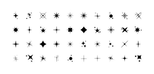Star icon. Set of black spark effect. Collection of star shine symbols. Light elements flat design on a white background. Starburst sparkles. Magic cartoon for decorative festive. Vector illustration.