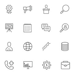 Set of business developing icons, related to office equipment, graph, chart web icons, black outline isolated on white background EPS Vector such as lamp, coffee, computer, clock 