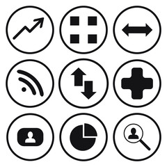 Set of business developing icons, related to office equipment, graph, chart web icons, black outline isolated on white background EPS Vector such as lamp, coffee, computer, clock 