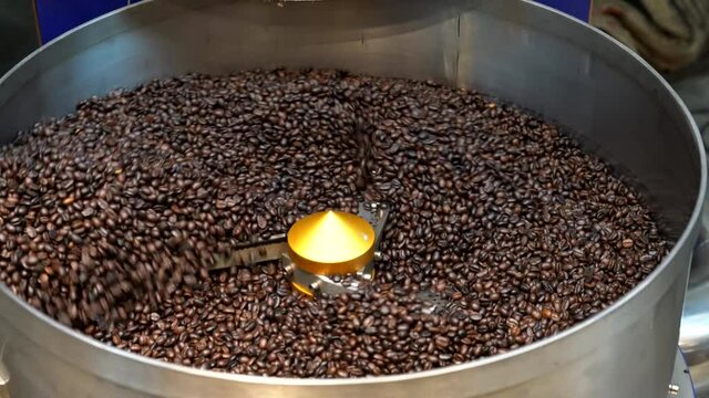 Rotary roaster for industrial coffee beans in operation
