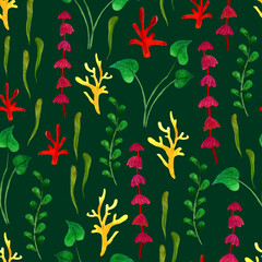 Fototapeta na wymiar Children's illustration of a seamless pattern of colored, bright algae.Watercolors drawing on a green background.