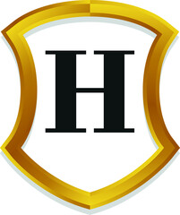 H Initial alphabet 3d metallic golden shield frame logo template	