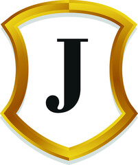 J Initial alphabet 3d metallic golden shield frame logo template	