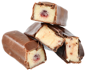 Chocolate marzipan bar with fruit filling isolated
