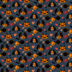 Halloween pumpkin monster with wings and horns seamless pattern