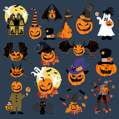 Halloween pumpkins and monsters set vector illustration