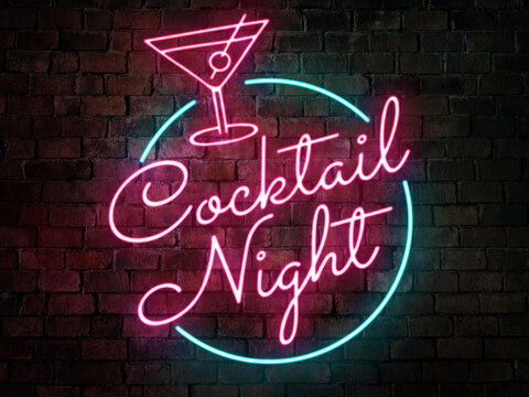 Cocktail night neon sign of a bar or pub agaisnt a rustic brick background. Cocktail or ladies drink promo concept. - Powered by Adobe