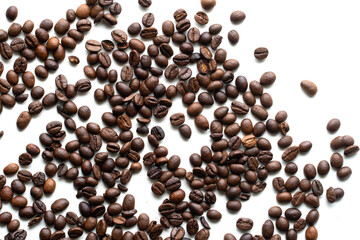 Top view of fresh roasted Coffee beans. Isolated on a white background.