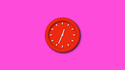 12 hours 3d wall clock isolated on pink background, red color 3d wall clock