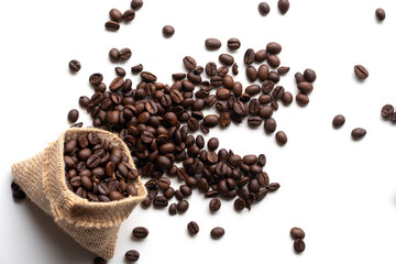 Top view of fresh roasted Coffee beans. Isolated on a white background.
