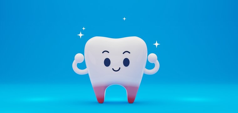 3D render of cute, funny tooth character on blue color background 